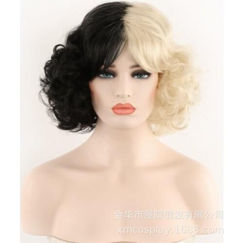 New Cruella de Vil Short Black White Hair Cosplay Costume Wigs Women Girls Short Curly Hair Cute Wigs for Party