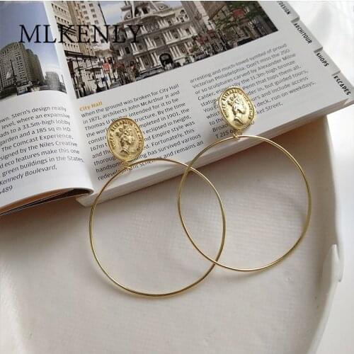MLKENLY 925 Sterling Silver INS Style Queens Big Circle Brincos Bijoux boucle d'oreille Gold Color Fashion Jewelry Earring