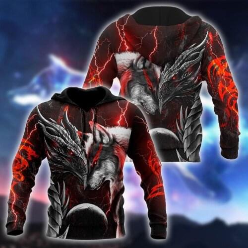 Red dragon and wolf 3D Printed Fashion Mens Autumn Hoodies Sweatshirt Unisex Streetwear Casual Zip Jacket Pullover KJ496