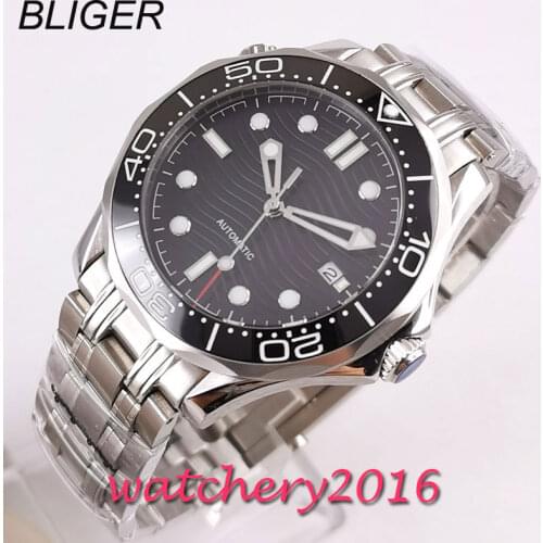 41mm bliger sterile Black dial sapphire glass ceramic bezel automatic mens watch
