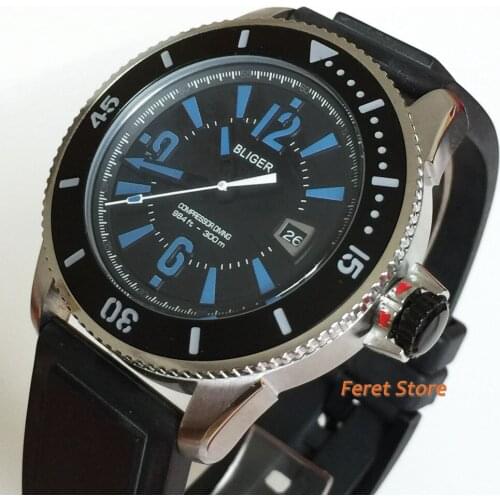 Bliger 43mm Fashion Sports Wristwatches series black blue dial silvery case brown Leather strap automatic Mechanical mens Watch