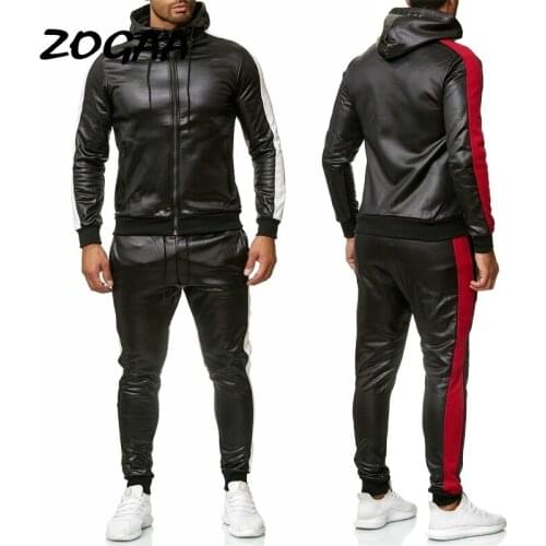 ZOGAA 2021 New Mens PU Leather Hoodies Set 2 Piece Casual Sweatsuit Hooded Jacket And Pants Jogging Suit Tracksuits Men