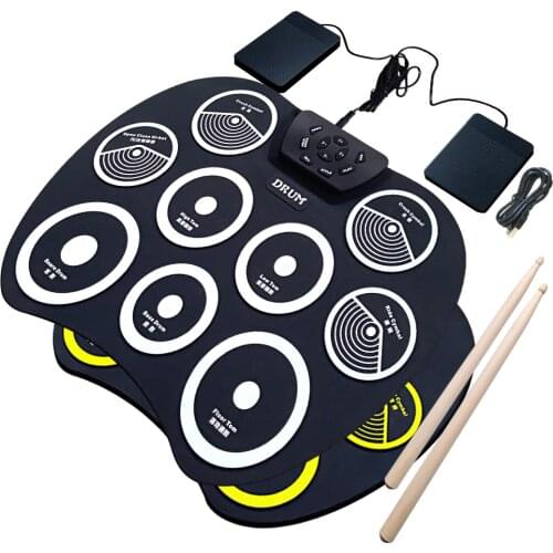 Portable Electronics Drum Set Roll Up Kit 9 Silicone Pads USB Powered with Foot Pedals Drumsticks Cable