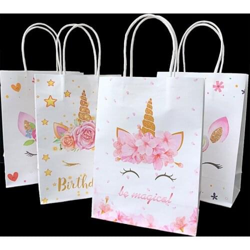 Unicorn Birthday Gift Bags for Kids Party Decoration 12Packaging Kraft Paper with Handle Candy Cooike Sweet Chocolate Girl Favor