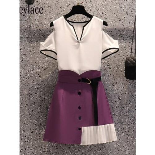 Plus Size Office Ladies Two Pieces Set For Women Off The Shoulder Chiffon Top And Purple Patchwork Mini Skirts Sets Female Suits
