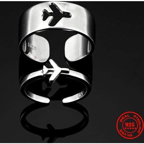 Real 925 Sterling Silver Airplane Couple Ring For Women Men Pilot & Flight Open Ring Engagement Wedding Set Aviation Lover Gift