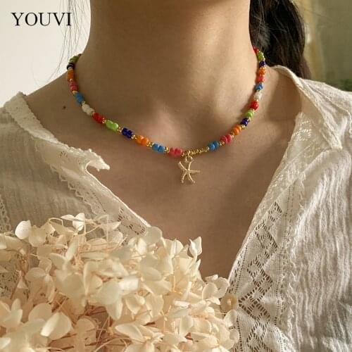 YOUVI Vintage Rainbow Seed Beaded Chain Necklaces Choker Charm Fashion Cute Star Starfish Pendant Necklace for Women Jewelry