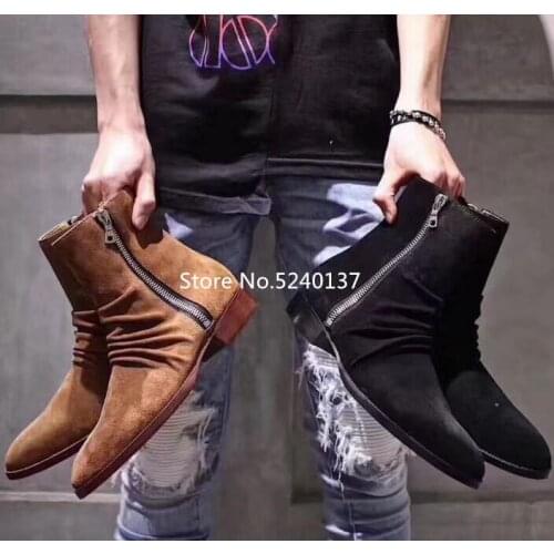 High Quality Fashion European Pleated Suede Men Mid-calf Boots Side Zip Flat Chelsea Boots Men