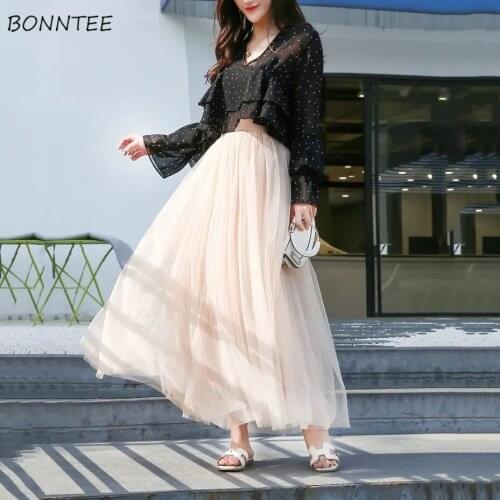 Skirts Ball Gown Ankle-length Solid Elegant Leisure High Waist Spring Ladies Comfortable Voile All-match Trendy Simply Ulzzang