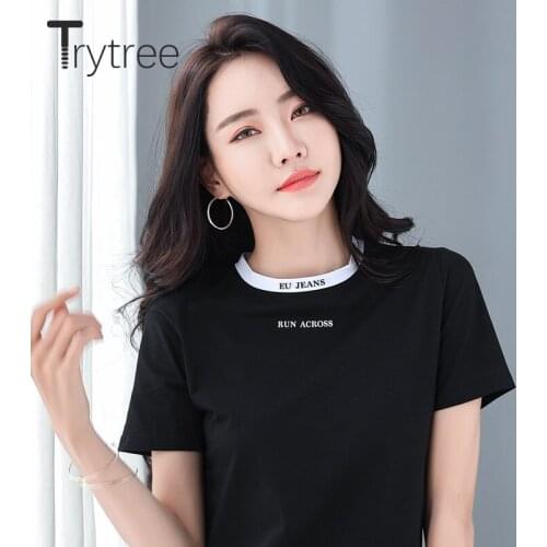 Trytree 2020 Summer Women T-shirt Casual O-neck Solid 4 Color Letter Loose Short Sleeve All-Purpose Style Fashion T-shirt Tops