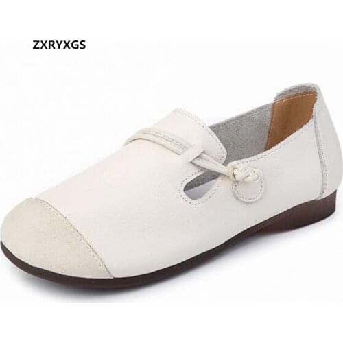 2021 High Quality Cowhide Splicing Women Leather Shoes Autumn Trendy Shoes Large Size Women Comfortable Shoes Flat Shoes Tide