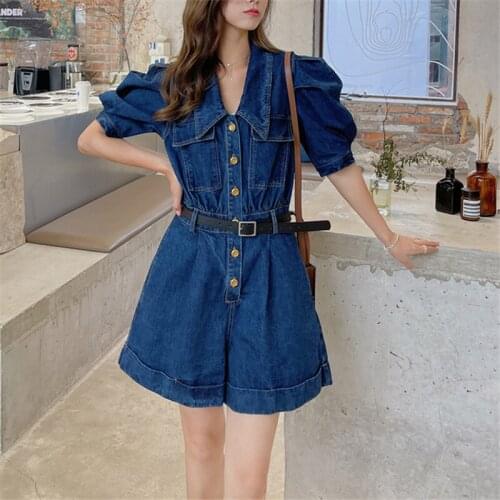 2021 Summer Denim One Piece Shorts Women Elegant Vintage Loose Casual Wide Leg Jeans Sets Jumpsuits Overalls Romper with Belt
