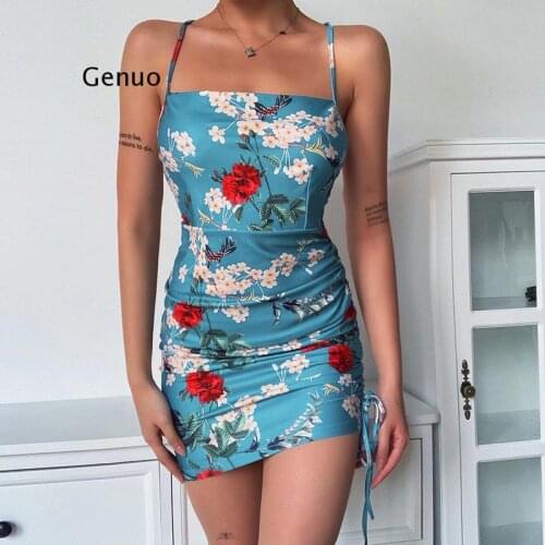 2021 sleeveless floral backless bandage sexy mini dress summer women fashion streetwear outfits ruched sundress New