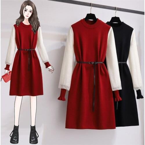 EHQAXIN Plus Size Womens Knitted Dress 2021 Autumn Elegant Lace Crochet Hollow Loose Stitching Wood Ear Dress With Belt M-4XL