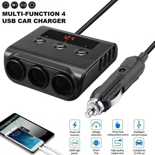 1pc 12V 3 Way Multi Socket Car Cigarette Splitter Lighter Adapter 4 Way USB Plug Charger Switch With Red Digital LED Screen