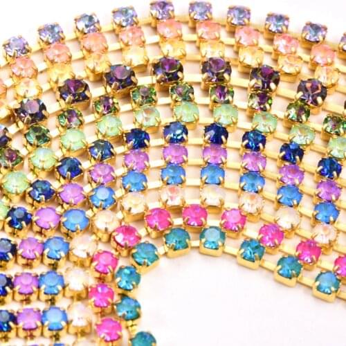 1 Yard Mocha Neon Glass Crystal Rhinestones Cup Chain Far Mat K9 Glass Golden Base Trim For DIY Garment Bags Decoration F0270