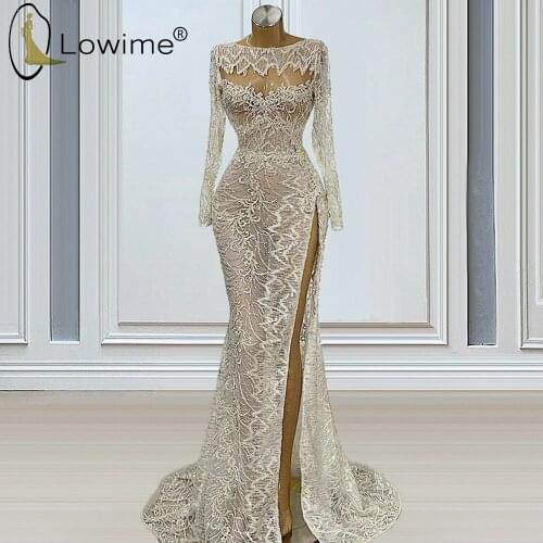 Ivory Long Sleeves Mermaid Evening Dresses with Sexy High Slit Saudi Arabia Middle East Prom Celeberity Party Gowns Plus Size