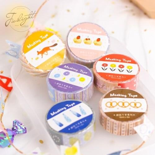 6pcs Collage Color Masking Tape 15mm Cartoon Fox Cat Cookie Floral Washi Tapes Stickers Scrapbooking Kids Gift Stationery F336