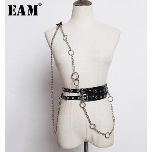[EAM] Pu Leather Black Chain Split Joint Double Buckle Belt Personality Women New Fashion All-match Spring Autumn 2021 1M527