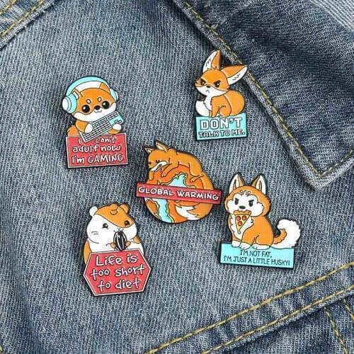 Cute Puppy Fox Squirrel Letter Phrase Brooch Bag Clothes Backpack Lapel Enamel Pin Badges Animal Jewelry Gift For Friends Women
