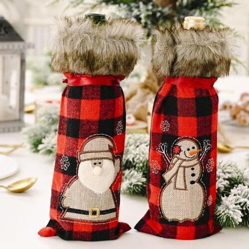Red Plaid Santa Claus Elk Champagne Wine Bottle Cover Christmas Xmas Decoration Wine Bottle Cover vinoteca beer bottle case bag