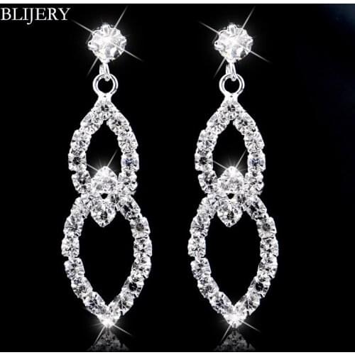 BLIJERY Sparkling Leaf Design Bridal Dangle Earrings Silver Color Rhinestone Crystal Wedding Long Earrings For Women Jewelry