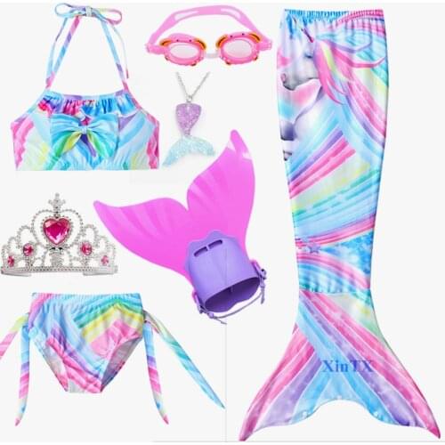 Hot Girls Swimmable Mermaid Tails with Bikini Flipper for Children Little Mermaid tail with Monofin Goggle Crown Or Garland