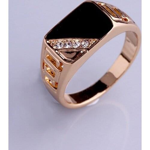 Fashion Male Jewelry Classic Gold Color Rhinestone Wedding Ring Black Enamel Rings For Men Christmas Party Gift