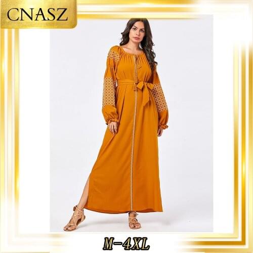 Muslim Dress Dignified Comfort Arabian Large Size Womens Yellow Diamond Geometric Embroidered Belt