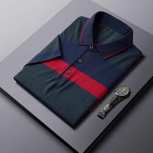 Men Shirt Hhigh Quality Fashion Short Sleeve Button Polyester Fiber Striped Printed Casual Blouse for Party Blue M-3XL Рубашки