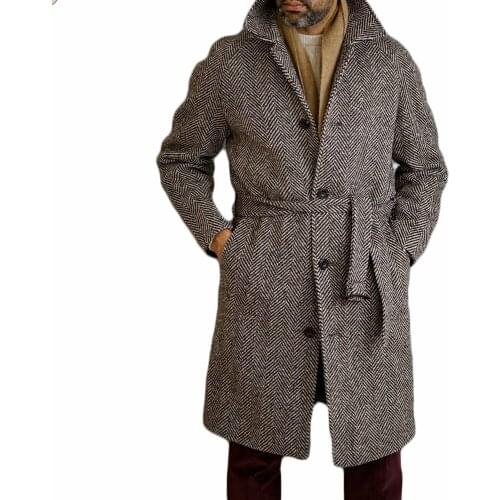 Striped Mens Woolen Overcoat England Style Singal Breasted Thick Loose Mid-Length WarmCasual Trench Winter Coat Male Jacket