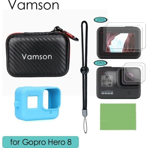 Vanson ccessories Kit for GoPro Hero 8 Black Bundle Includes Carrying Case+ Glass Screen Protector+Blue Silicone Case VP814