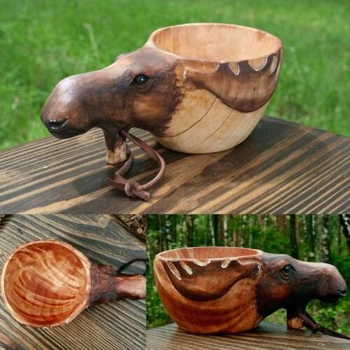 New Creative Wooden Deer Head Water 180ml Scoops Eco-friendly Wooden Hand Carved Camp Traditional Mug Cup Retro Beer Cups