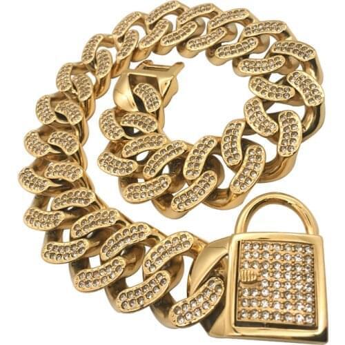 Large Dog Rhinstone Collar Pet Chain 32mm Stainless Steel Necklace Blue Diamond Rose Gold Collar Pitbull Bulldog Pet Accessories