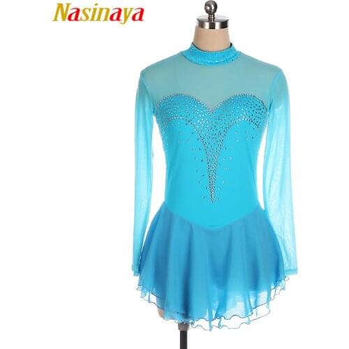Nasinaya Blue Figure Skating Dress Ice Skating Skirt Spandex Womens girls customized gymnastics white rhinestones