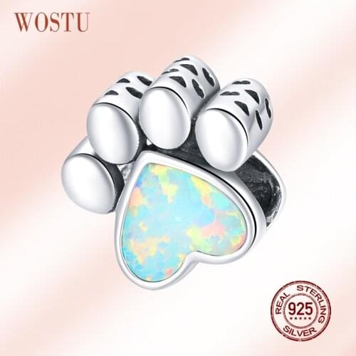 WOSTU 100% 925 Sterling Silver Dog Paws Opal Charm Footprint Beads Fit Original Bracelet DIY Necklace Pendant Jewelry CQC1676