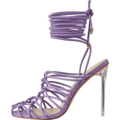 Richealnana Summer Romance Purple Sandals Criss Cross Strip Ankle Strap High Heels Metal Clear Stilletos Dress Party Prom Casual