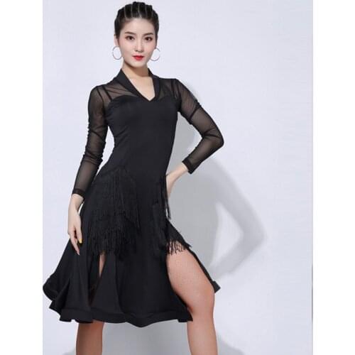 Sexy Latin Dresses Competition Dance Fringe Dress Arrows Tassel Skirt Samba Tap Dance Clothes Women Black Long Dress VDB1971