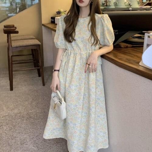 TVVOVVIN Print Vintage Summer Dress 2021 Floral Korean Sweet Elegant Robe Femme Puff Sleeve A-line Kawaii Vestidos De Mujer RM3J