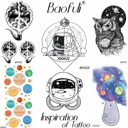 BAOFULI Galaxy Astronaut Temporary Tattoo Men Body Art Black Geometric Planets Tatoos Disposable Cartoon Kids Tattoo Stickers