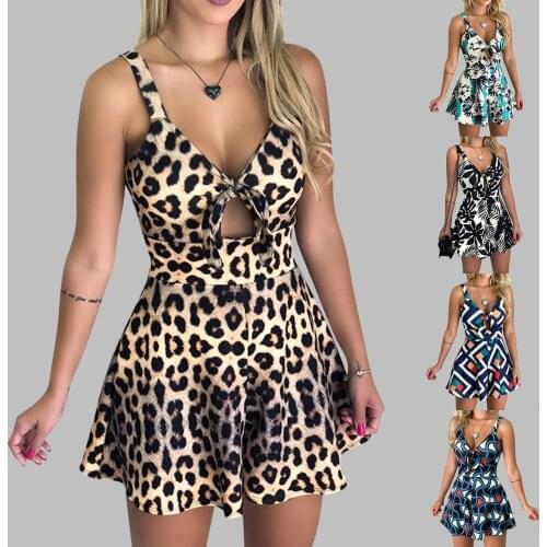 Sexy V-neck Spaghetti Strap Printed Bow Women Short Rompers Playsuit Female Beach Ruffle Sleeveless 2021 Fashion Casual Jumpsuit