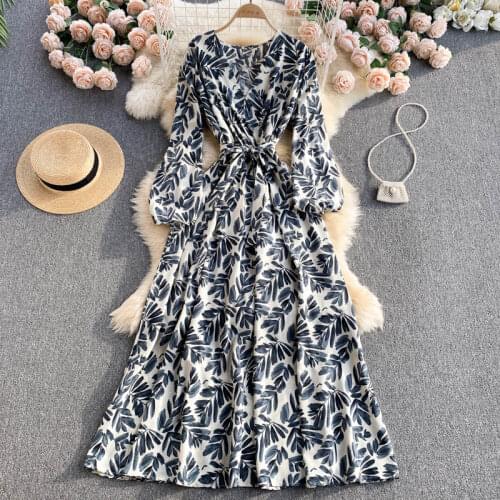 LY VAREY LIN New Summer Women Casual Floral Print Slim Full Lady Dress Holiday Style A Line V Neck Puff Sleeve Chiffon Dresses