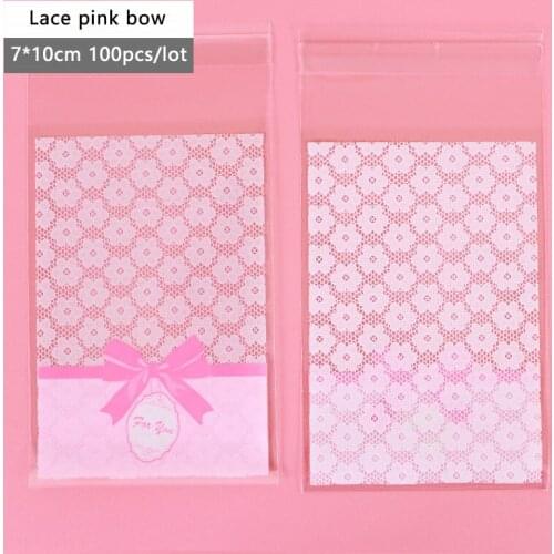 100pcs/lot Self Adhesive Gift Bag Transparent Hollow Flowers Pink Bow Soap Cookie Handmade Biscuit Birthday Party Favors Bags