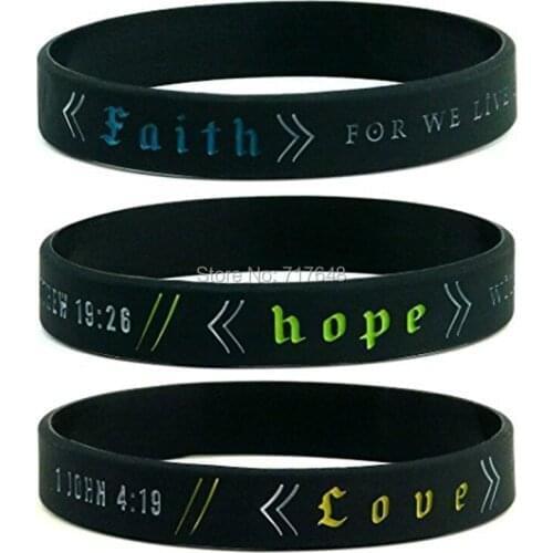 100pcs Faith, Hope, & Love with Bible Verses Matthew John Corinthians wristband silicone bracelets free shipping by epacket A