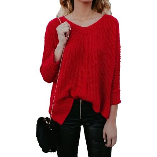 2019 new fashion womens casual red sweaters female v-neck warm sweaters ladies autumn solid long sleeve loose tops