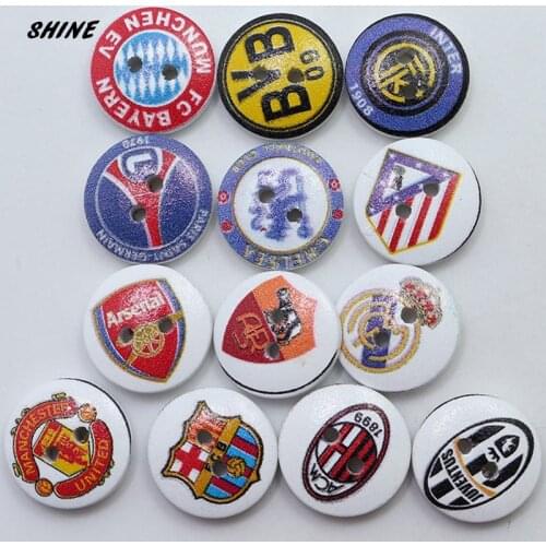 SHINE Wooden Sewing Buttons Scrapbooking Round Mixed Two Holes Football logo Pattern 15mm Dia. 50PCs Costura Botones Decorate