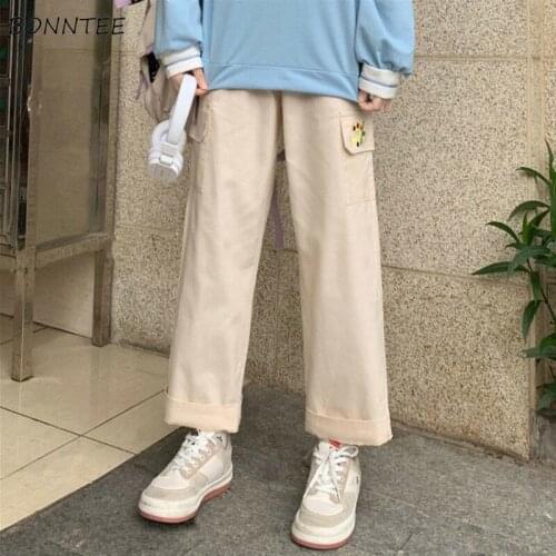Pants Women Pockets Elastic Waist Solid Leisure Design Loose Straight All-match Fashion Preppy Mujer Harajuku Ulzzang Ins New