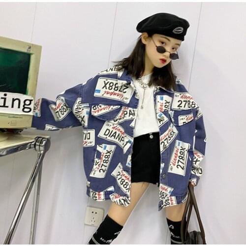 Boys and Girls Retro Denim Jackets 2021 Spring New Large Childrens Loose Fashion All-match Printed Jacket Tops Kids Clothes