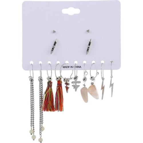 Ethnic Style 7 Pairs Sets Cotton Tassel Silver Color Alloy Natural Stone Earrings For Women Hot Sale Earring Jewelry Wholesale