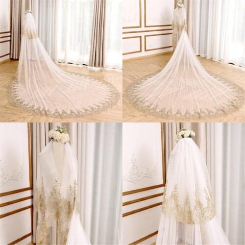 Ivory Bridal Veil with Gold Lace Applique Sparkle Cathedral Wedding Veil 2 Tiers Glitter Veil Soft Tulle Vei Boho Chapel Veil St